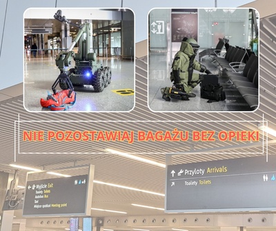 Na zdjęciu w tle fragment hali odlotów i przylotów na lotnisku. Na miniaturce zdjęcia po prawej stronie, mężczyzna klęczący przed rzędem krzeseł ubrany w mundurze specjalistycznym obsługuje sprzęt. Na miniaturce zdjęcia z lewej strony,  robot pirotechniczny bada zawartość torby leżącej na ziemi. Po środku planszy napis w pomarańczowym kolorze.