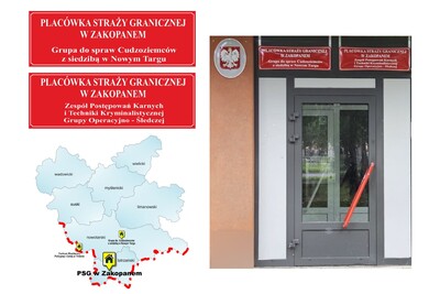 Kolarz zdjęć. Po prawej u góry dwie czerwone tablice instytucji umieszczone jedna nad drugą, na dole po prawej mapa zasięgu terytorialnego placówki SG w Zakopanem z podziałem na powiaty oraz oznaczonymi: centrum Współpracy policyjnej i celnej w Trsternie oraz Grupą ds Cudzoziemców z siedzibą w Nowym Targu i Placówką SG w zakopanem. Po prawej stronie zdjęcie drzwi wejściowych z umieszczonymi nad nimi tablicami oraz godłem państwowym