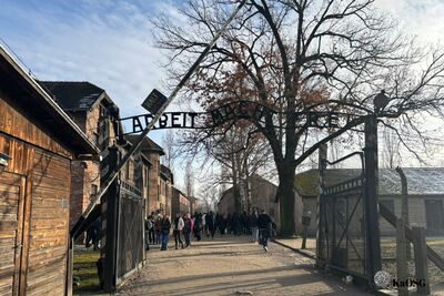 Zdjęcie bramy głównej do dawnego niemieckiego nazistowskiego obozu koncentracyjnego i zagłady Auschwitz I, z charakterystycznym napisem &quot;ARBEIT MACHT FREI&quot; na górze. W oddali widać grupę zwiedzających idących aleją wewnątrz obozu, otoczoną drewnianymi i ceglanymi barakami. Niebo jest pochmurne, a drzewa są bez liści.