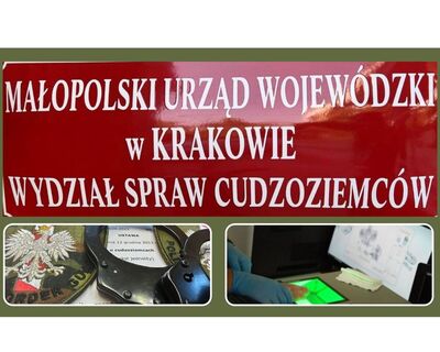 Kolaż zdjęć: tablica Małopolskiego Urzędu Wojewódzkiego, wydrukowana ustawa o cudzoziemcach z kajdankami i plakietką Straży Granicznej oraz funkcjonariusz Straży Granicznej podczas zbierania odcisków palców