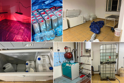 kolaż  6 zdjęć na których znajdują się  narkotyki i komponenty służące do ich produkcji oraz wnętrze laboratorium