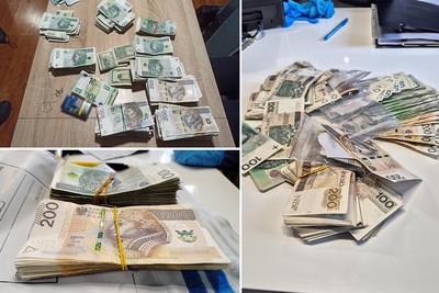 kolarz zdjęć z zatrzymaną gotówką. są to polskie banknoty w różnych nominałach położone na stole.