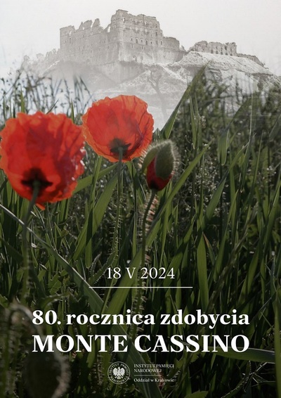 plakat ipn , czerwone maki na tle ruin monte cassino