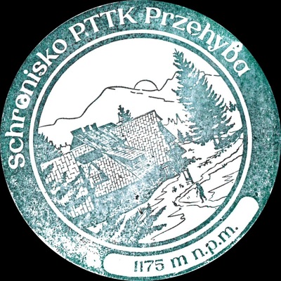 pieczęć w kolorach zielonym i białym. Widoczny jest na nim napis schronisko pttk przehyba. 1175 m n.p.m. jest rysunek schroniska na przehybie.