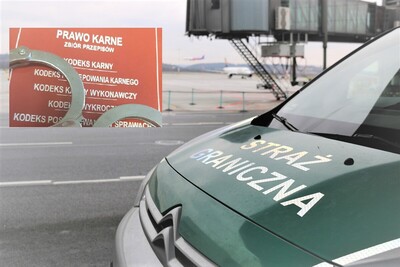 Płyta lotniska na pierwszym planie radiowóz straży granicznej, w tle samoloty. w rogu zdjęcia kodeks karny z nałożonymi na niego kajdankami