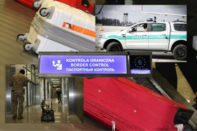 Kolaż zdjęć. Tło stanowią walizki na taśmociągu. po prawej stronie u góry samochód sg typu pickup, w środku siedzi zamaskowany funkcjonariusz, po lewej na dole zdjęcie funkcjonariusza i robota pirotechnicznego jadącego na akcję. na środku podświetlony neon z napisem  kontrola graniczna, border control.