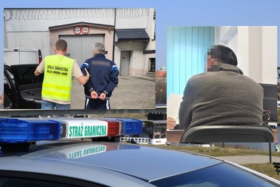 Kolaż zdjęć. W tle dach radiowozu SG z świetlnymi sygnałami. U góry po prawej dziedziniec zakładu karnego, zatrzymanego cudzoziemca prowadzi funkcjonariusz SG w odblaskowej kamizelce. Po lewej zatrzymany cudzoziemiec siedzi tyłam na krześle.