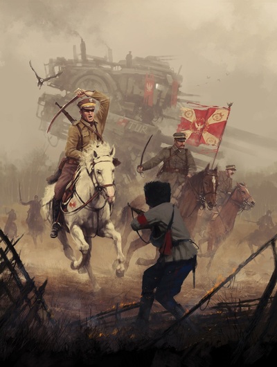 grafika. na pierwszym planie kozak mierzący z broni palnej do żołnierza wojska polskiego jadącego na koniu z podniesiona szablą. w tle piłsudski na koniu oraz kolejny żołnierz ze sztandarem w biało czerwonych barwach. w tle współczesny pojazd bojowy TUR