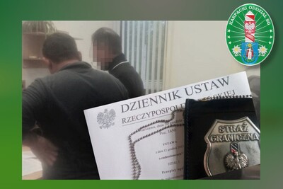 Kolaż zdjęć. Zatrzymaych dwóch cudzoziemców stoi, po prawej ustawa o cudzoziemcach i odznaka funkcjonariusza sg