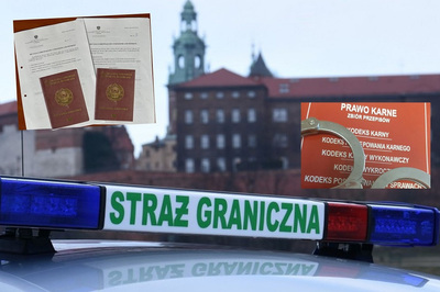 kolaż zdjęć. na tle wawelu widać dach samochodu straży granicznej a właściwie jego koguty z napisem straż graniczna. nad dachem po lewej stronie zdjęcie dwóch decyzji o zobowiązaniu do opuszczenia terytorium rp na których sa położone dwa paszporty obywateli uzbekistanu. po prawej stronie kodeks karny i położone na nim kajdanki