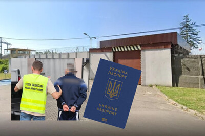 Kolaż zdjęć. Tło stanowi brama do nowohuckiego więzienia. Na to po lewej stronie nałożone jest zdjęcie cudzoziemca prowadzonego przez funkcjonariusza sg. obok zdjęcie okładki paszportu ukraińskiego.