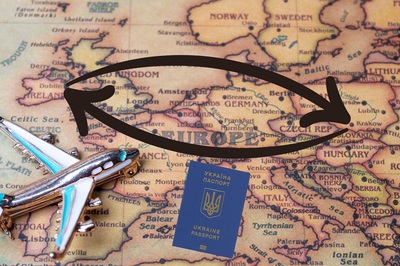 Kolaż zdjęć. W tle mapa europy z położonym zabawkowym metalowym samolotem. na tym dwie strzałki. jedna z Dublina do Krakowa, a druga z Krakowa do dublina.  pod spodem paszport ukraiński
