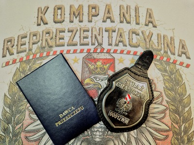 Na zdjęciu widoczna odznaka straży granicznej oraz odznaka dawcy szpiku. Tło stanowi zdjęcie herbu oraz napis Kompania Reprezentacyjna Straży Granicznej.