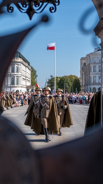 Grupa sześciu żołnierzy w podhalańskich mundurach, pelerynach i kapeluszach maszeruje krokiem defiladowym w kierunku kamery. Ich peleryny lekko powiewają, a każdy z nich trzyma karabin z bagnetem na ramieniu. Na czele kolumny idzie dowódca z uniesioną ręką w geście salutowania. W tle widać arkady Grobu Nieznanego Żołnierza i licznych widzów zgromadzonych po obu stronach placu.