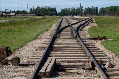 Tory kolejowe w Brzezince (Auschwitz-II-Birkenau) służące do transportu do obozu zagłady, umożliwiając masowe deportacje oraz dostarczanie ludzi prosto do komór gazowych i krematoriów.