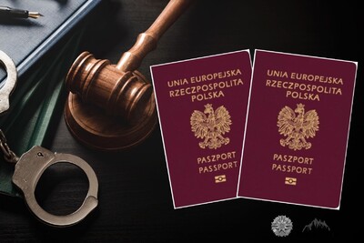 Kolaż zdjęć. W tle leżące na biurku młotek sędziego sądowego, widać też część kajdanek, pióra i notesu. na to nałożone są dwie okładki paszportu polskiego