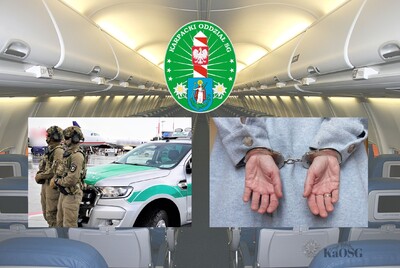 Kolaż zdjęć. W tle wnętrze samolotu, na to nałożone logo kaOSG, oraz po lewej stronie zdjęcie funkcjonariuszy balickiego ZIS oraz po prawej skute kobiece dłonie w kajdanki.