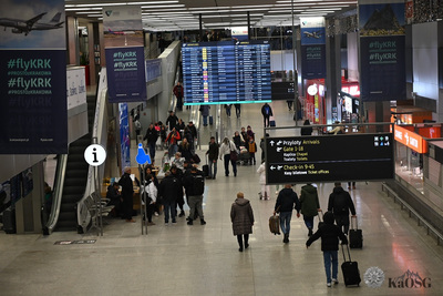Na zdjęciu widać halę na lotnisku, podróżni przemieszczają się ze swoimi bagażami. Duże monitory wyświetlają informacje da podróżnych.