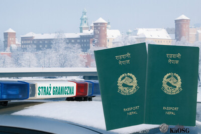 Kolaż zdjęć Zimowy widok na Wawel w Krakowie. na dole zdjęcia ośnierzony dach radiowozu SG a po prawej dwa paszporty nepalskie - okładki