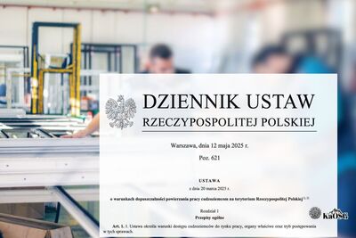 Na zdjęciu w tle widoczny rozmazany fragment zakładu produkcyjnego i dwóch mężczyzn stojących przy maszynach. Na pierwszym planie grafika pokazująca kartkę z napisem " Dziennik Ustaw Rzeczpospolitej Polskiej" a poniżej data i fragment ustawy o cudzoziemcach.